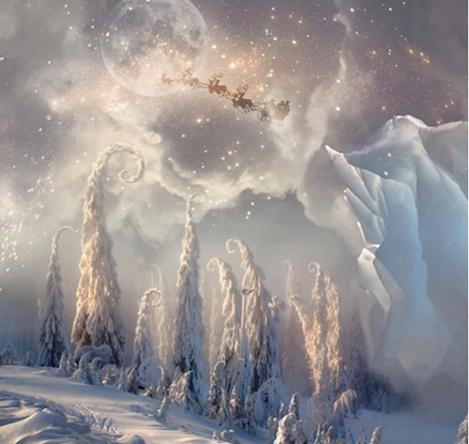 Christmas Night. Magic Scene with Flying Santa